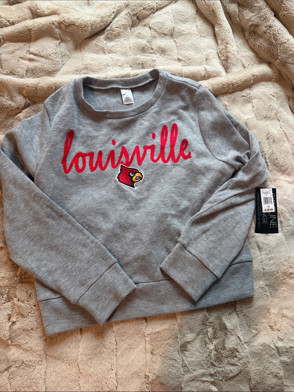 Gray Crewneck Sweatshirt with Red Louisville Script